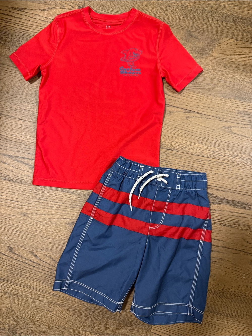 Gap Red Rash Guard Tee & Navy Swim Trunks Set with Red Stripes - size XS & S